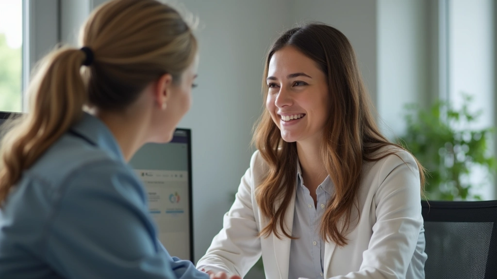 Licensed therapist in professional office setting conducting virtual mental health session on computer, neutral background, p
