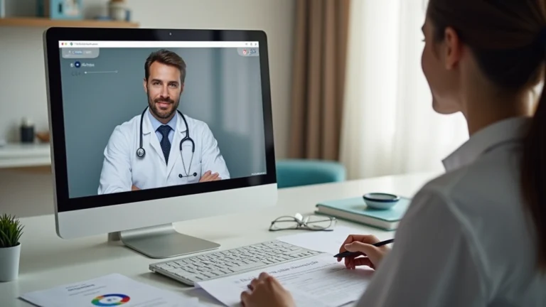 Professional woman having video consultation with male doctor on laptop in home office, both visible on screen, medical documents on desk
