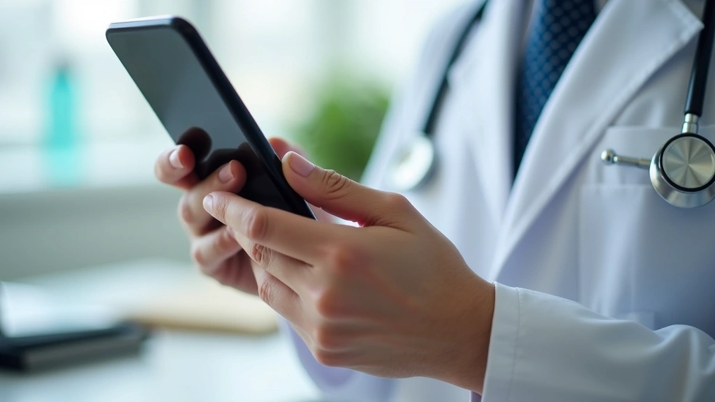 Close-up of hands holding smartphone displaying telehealth video call with licensed physician in white coat, medical office b