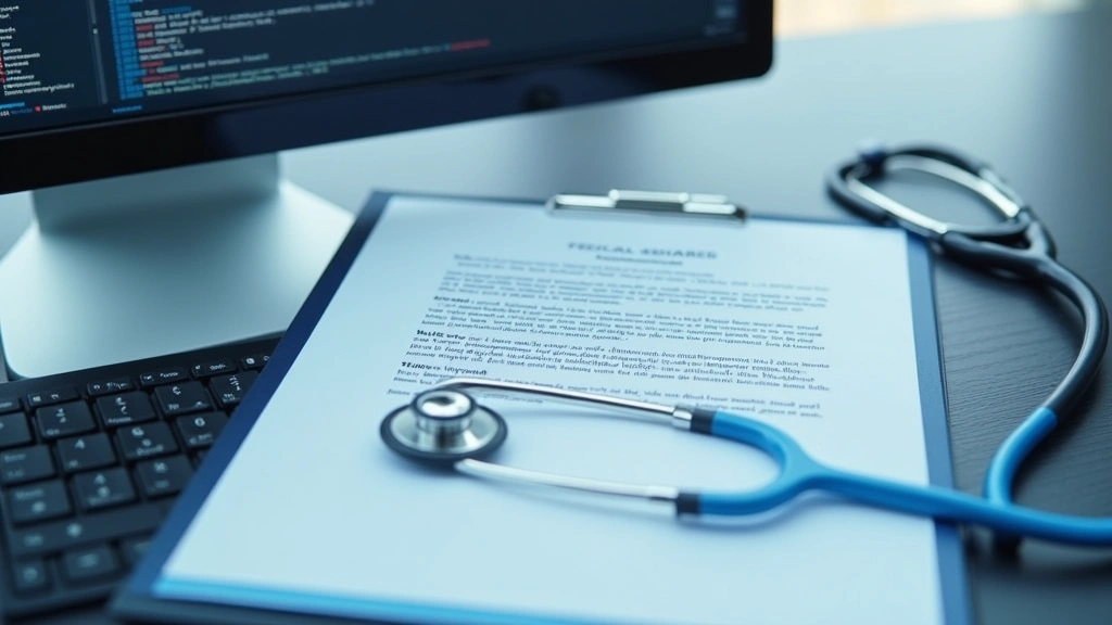 Digital document of medical note with official letterhead on computer monitor, stethoscope beside keyboard, professional heal