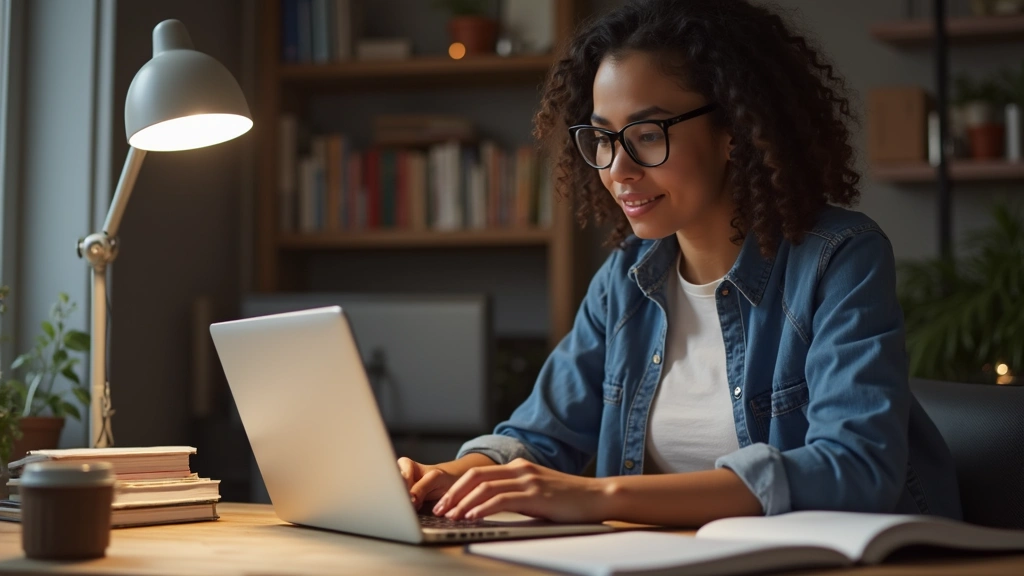 Professional adult student working on laptop at home desk with doctorate diploma and books visible, warm lighting, focused expression, modern home office setup