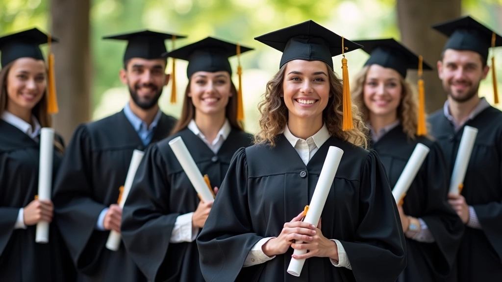 Diverse graduate students in academic regalia celebrating degree completion at virtual graduation ceremony with diplomas, pro