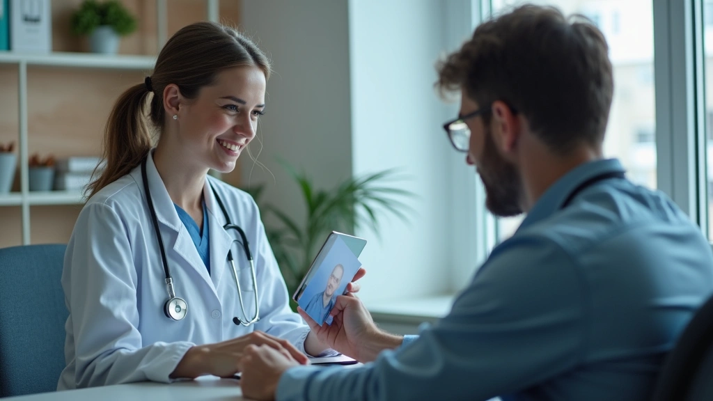 Healthcare provider in white coat conducting video consultation with patient on tablet computer in modern medical office with soft lighting
