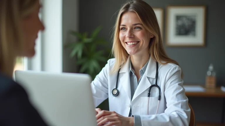 Professional female doctor in white coat smiling during video consultation on laptop, modern home office background with natural lighting, patient perspective view