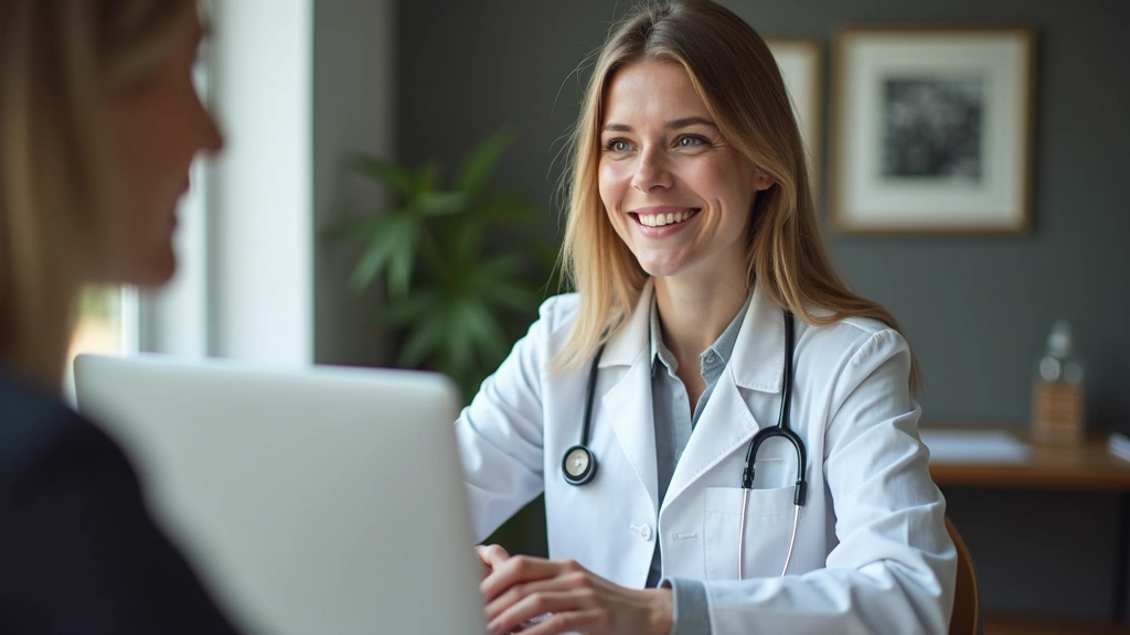 Professional female doctor in white coat smiling during video consultation on laptop, modern home office background with natu