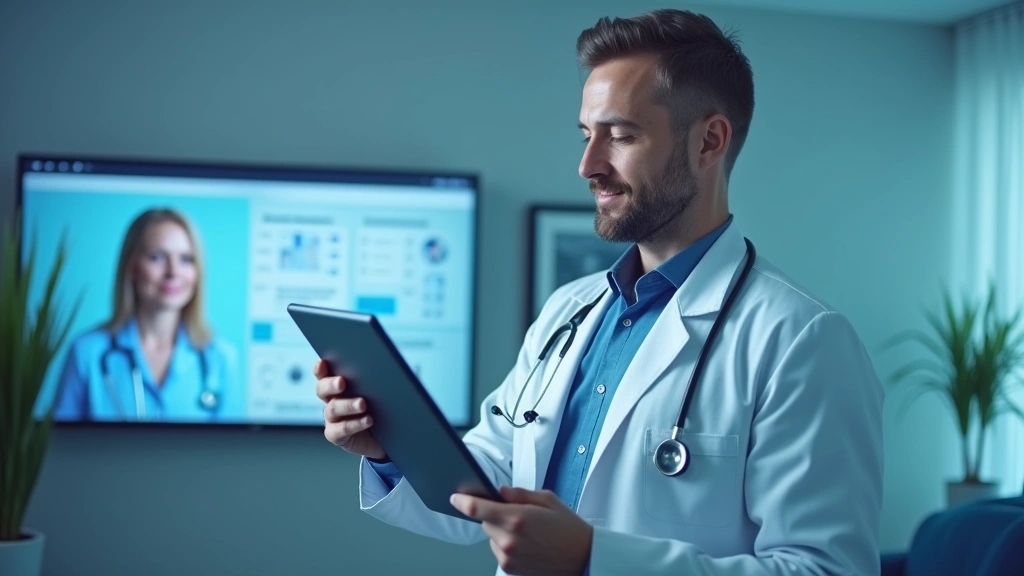 Male healthcare professional reviewing patient medical records on tablet screen, clinical setting with soft blue tones, profe