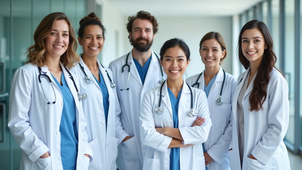 Diverse group of medical specialists in white coats standing together in modern healthcare facility, representing various med