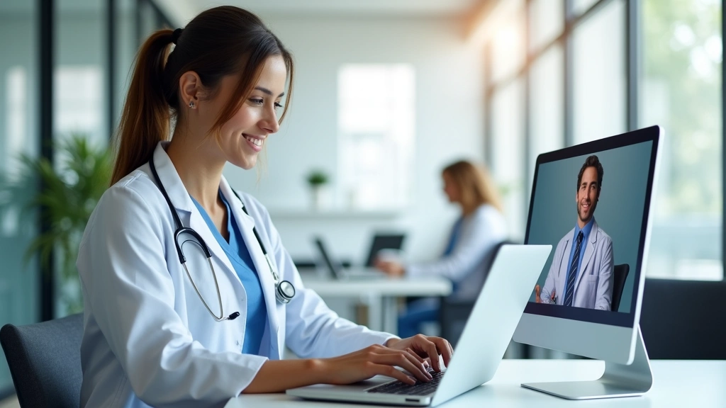 Professional female doctor in white coat conducting virtual consultation on laptop with patient visible on screen, modern medical office background, natural lighting, high-resolution medical setting