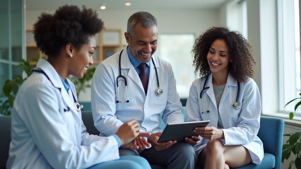 Diverse healthcare provider team reviewing patient data on tablet during telehealth platform training session, collaborative 