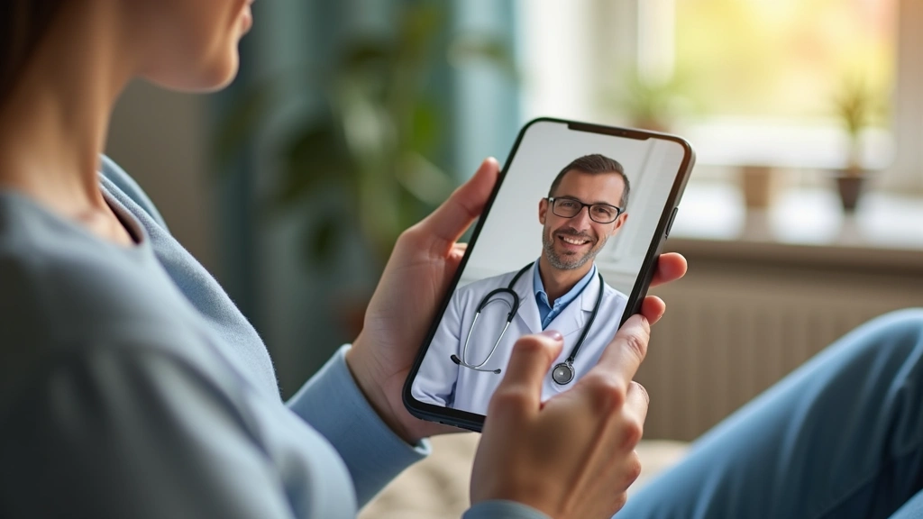 Patient using smartphone for telehealth appointment with doctor visible on screen, comfortable home setting, natural daylight