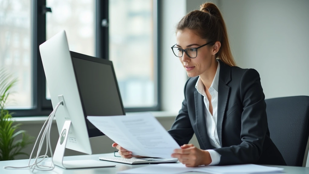 Professional woman in business attire reviewing research documents at modern desk with computer, focused expression, natural office lighting
