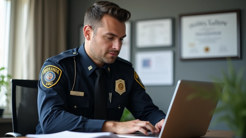 Male criminal justice professional in police uniform studying online on laptop in home office with law enforcement certificat