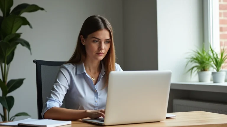Professional woman working at laptop in modern home office environment, focused expression, natural lighting, contemporary workspace setup