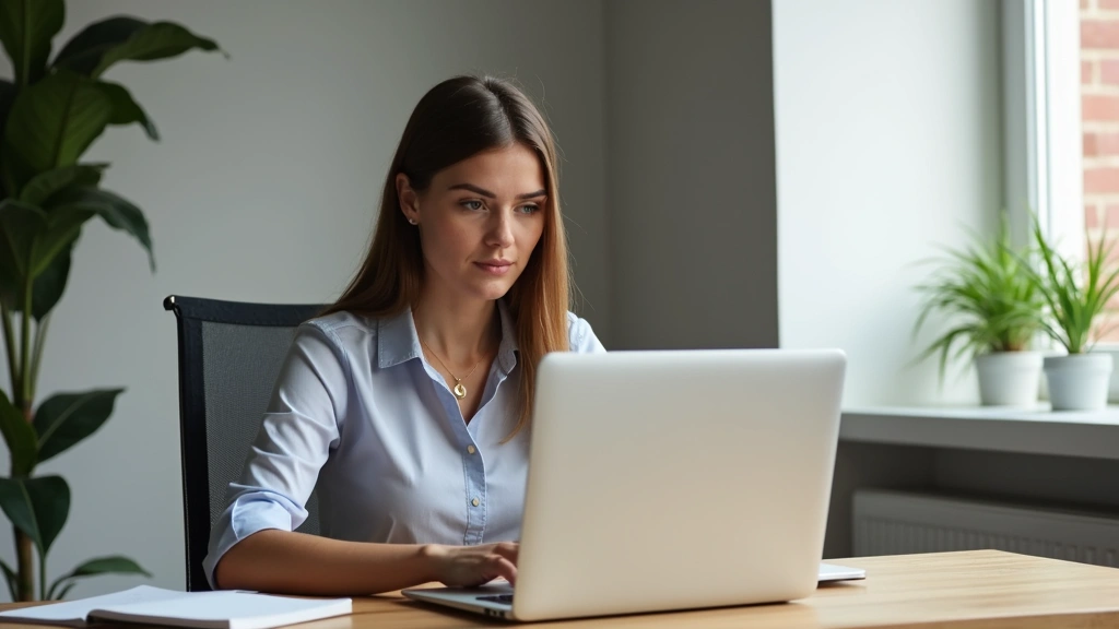 Professional woman working at laptop in modern home office environment, focused expression, natural lighting, contemporary workspace setup