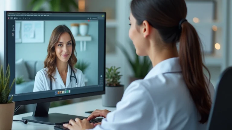 Professional female doctor wearing white coat having video consultation with patient on computer monitor, modern medical office background, warm lighting