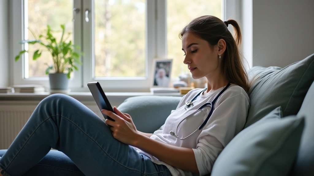 Patient sitting at home on couch using tablet for virtual doctor appointment, comfortable living room setting, natural window