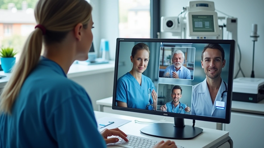Healthcare provider reviewing patient medical records on computer screen during telehealth consultation, clinical workspace w