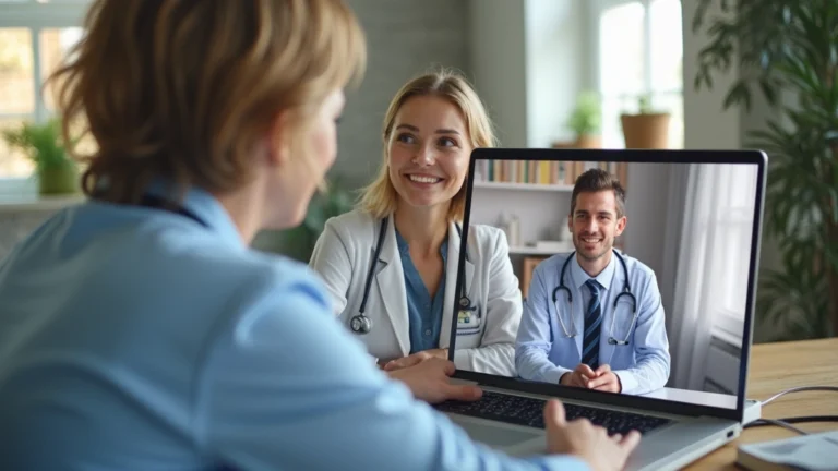 Female patient in home office on video call with male doctor wearing stethoscope in clinical setting, professional medical consultation, natural lighting