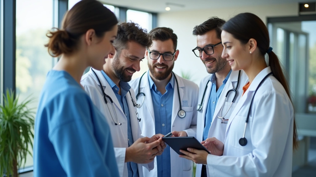 Diverse healthcare professionals in modern clinic reviewing patient data on tablet computer, collaborative telehealth team di