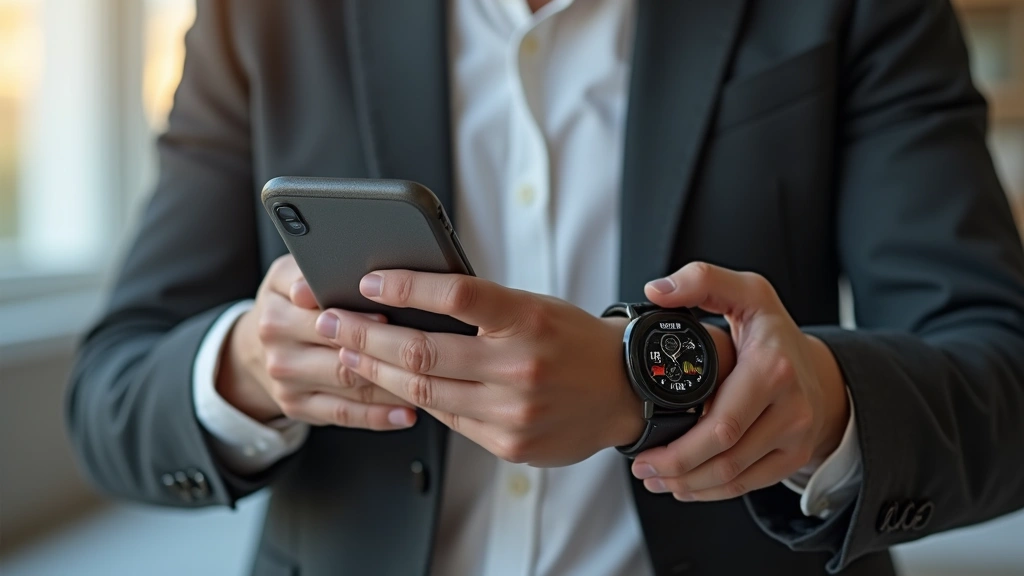 Patient wearing smartwatch checking health metrics on smartphone with wellness app interface visible, remote health monitorin
