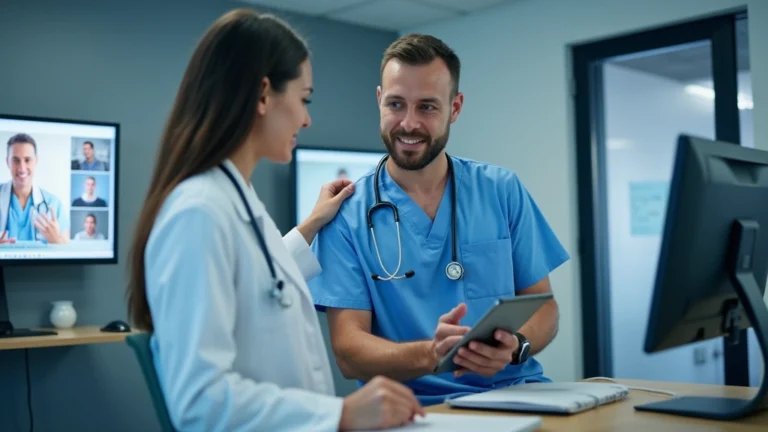 Healthcare professional consulting with patient via video call on tablet in modern medical office with digital displays