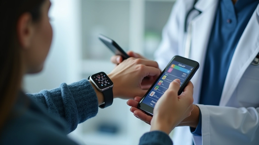 Patient wearing smartwatch and checking health data on smartphone with doctor reviewing results in background