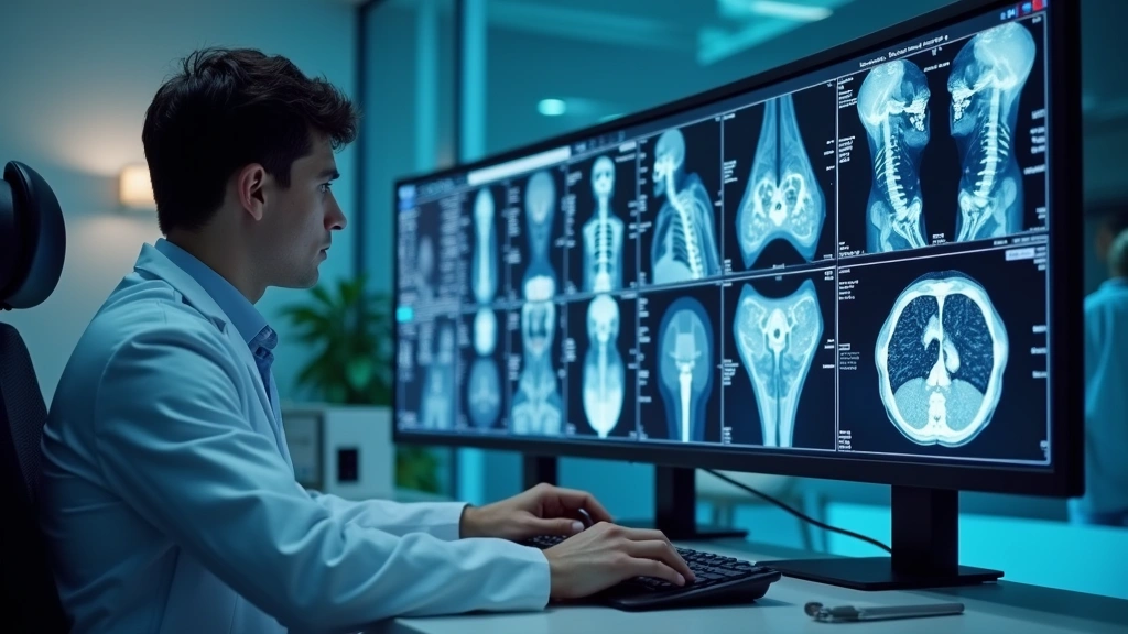 Doctor using AI diagnostic software on computer analyzing medical imaging scans in contemporary hospital setting