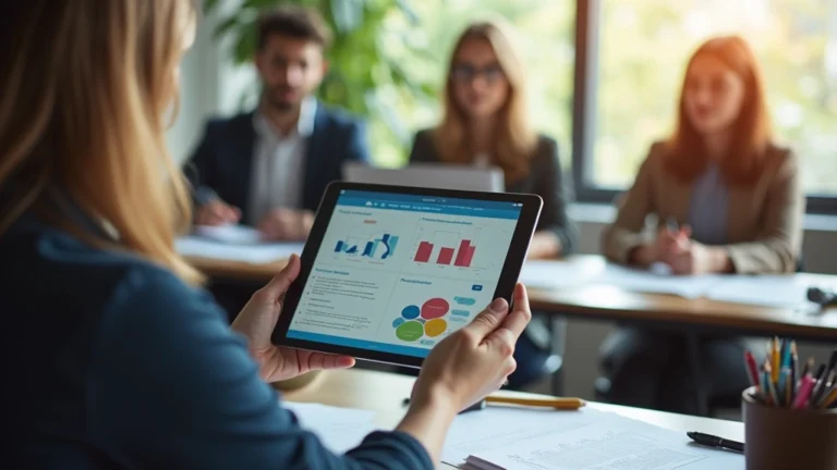 Professional educator in modern classroom reviewing curriculum documents on tablet, natural lighting, diverse educational materials visible