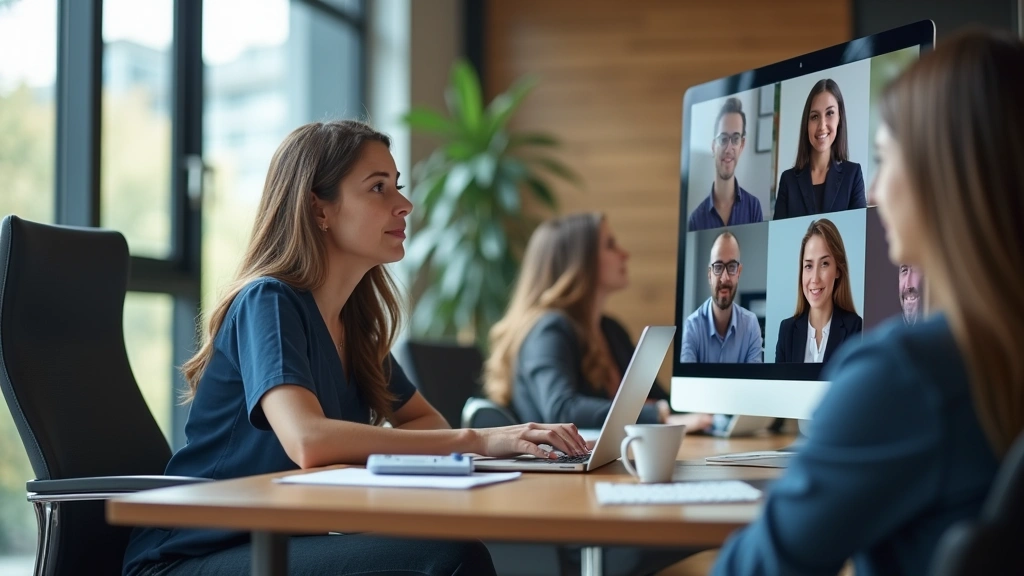 University administrator in contemporary office conducting online video conference meeting with educational leaders, professi