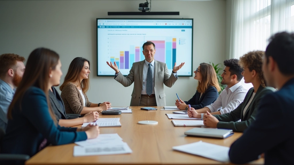 School principal leading staff meeting in conference room with collaborative discussion, diverse team members engaged, modern