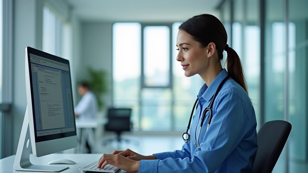 Professional healthcare administrator in modern hospital office reviewing patient data on computer, wearing business attire, natural lighting from window, contemporary medical facility background