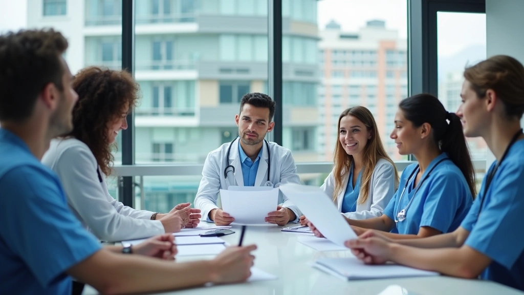Diverse team of healthcare professionals in conference room during strategic planning meeting, reviewing healthcare administr