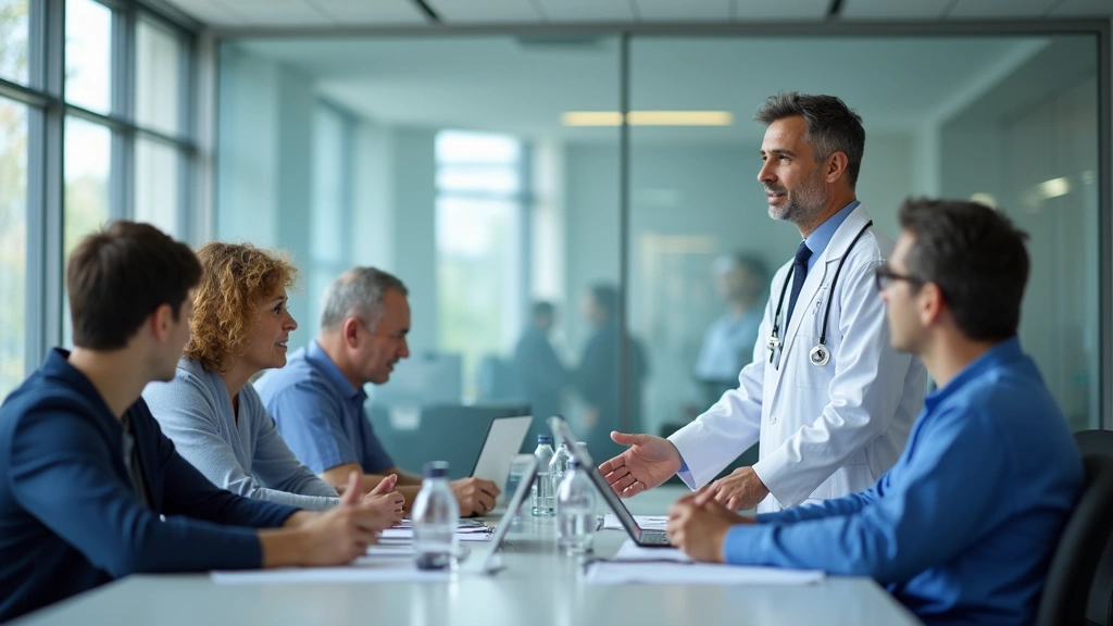 Healthcare executive in leadership role during medical staff meeting, discussing health system operations, professional medic