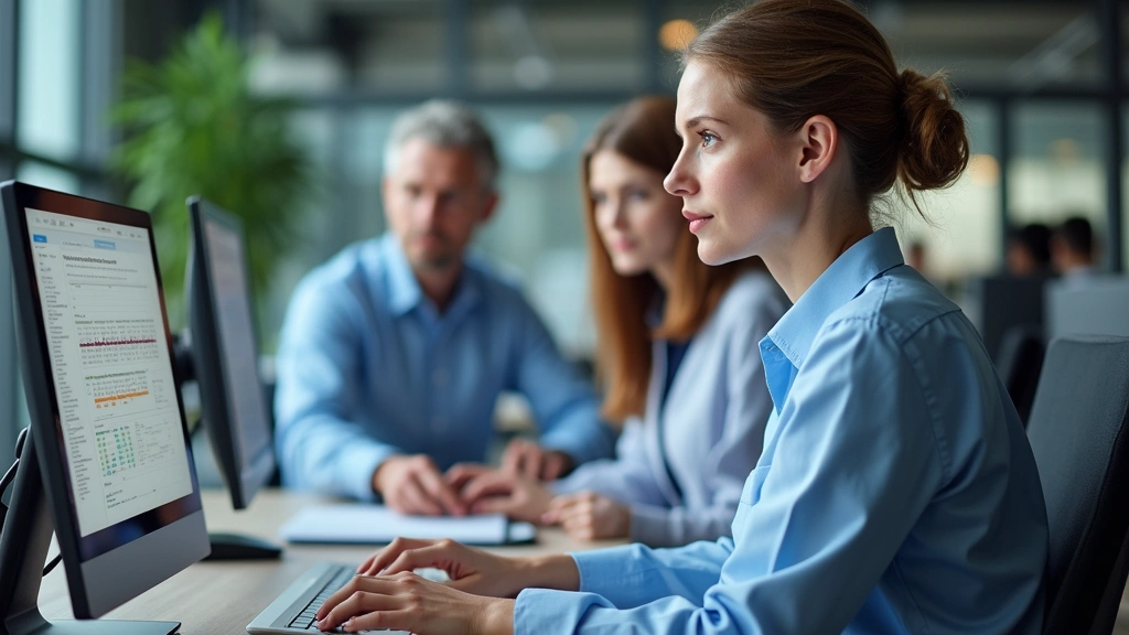 Professional public health official reviewing epidemiological data on computer in modern office setting with colleagues collaborating in background