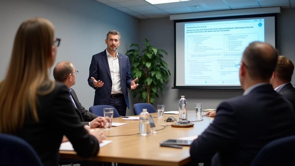 Public health director presenting health policy findings to government committee members in conference room with presentation