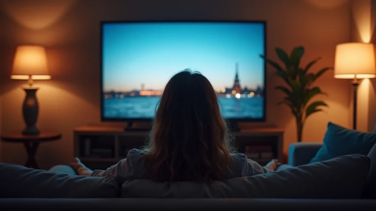 Person watching television on smart TV in modern living room, relaxed posture, evening lighting, no text visible