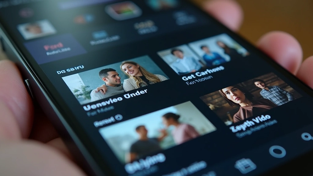 Close-up of streaming app interface on mobile phone screen showing video content library, professional tech setting