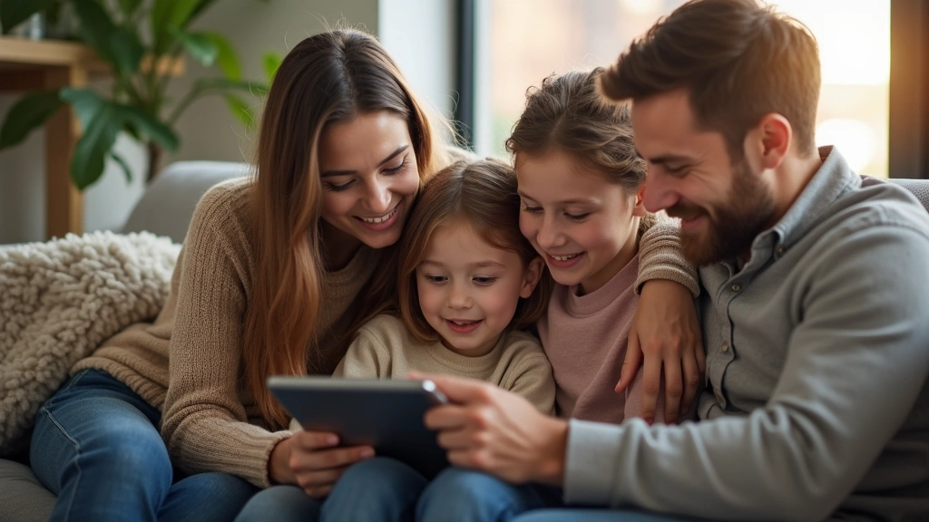Family gathered around tablet device watching content together in comfortable home environment, natural daylight