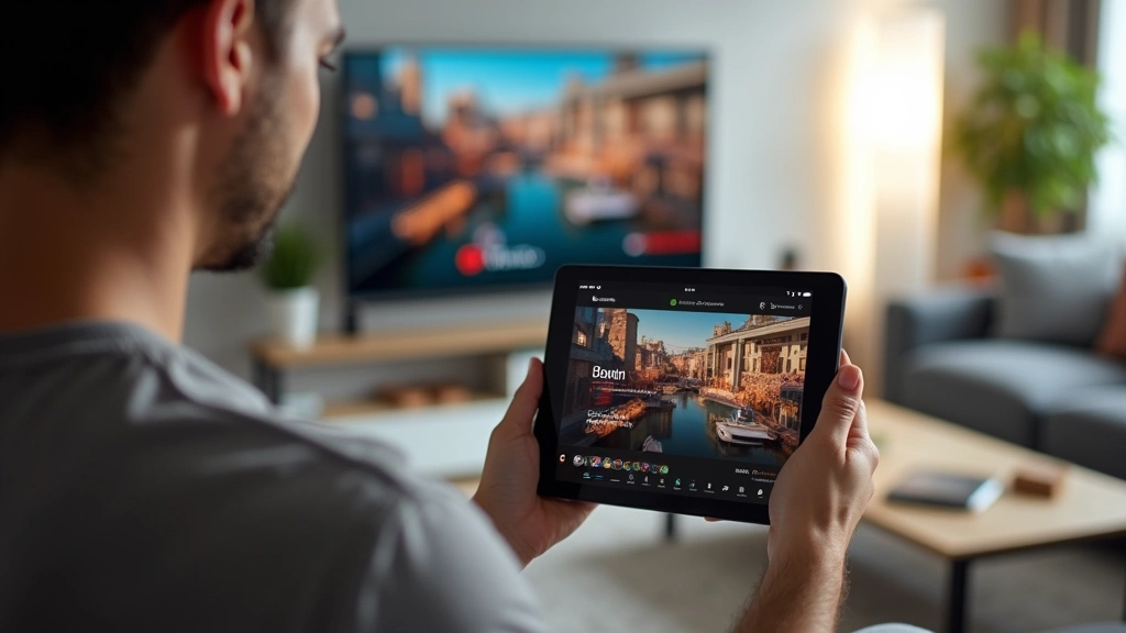 Professional streaming setup with tablet displaying television episode, modern living room, natural lighting, comfortable viewing environment