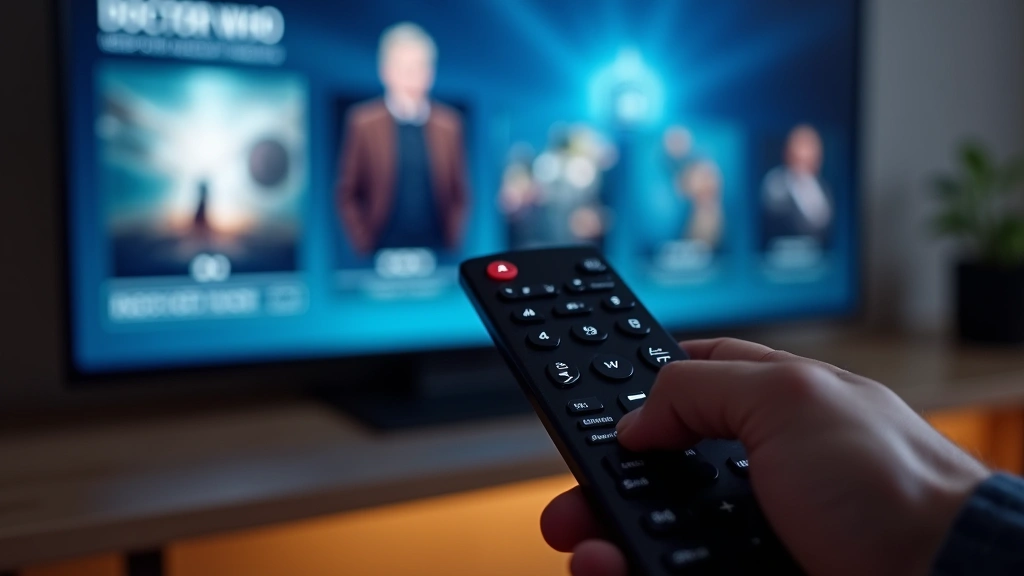 Close-up of remote control pointing at smart TV screen showing Doctor Who episode menu interface, contemporary home entertain