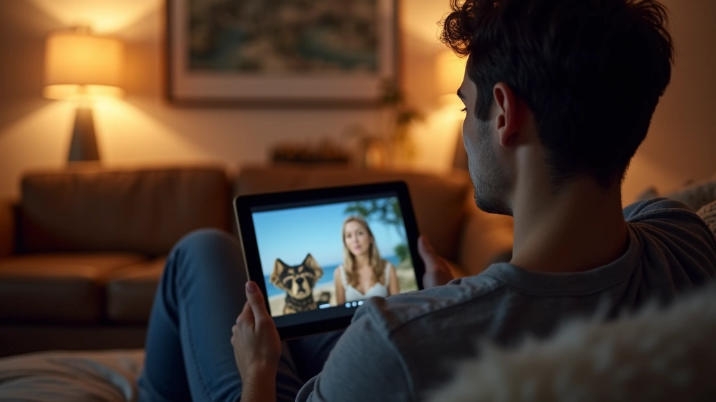 Person watching streaming service on tablet in comfortable home setting, relaxed posture, warm lighting, no text visible on screen, peaceful expression