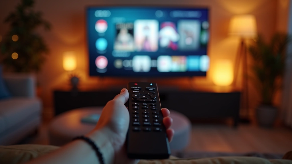 Close-up of hands holding remote control while streaming content displays on modern television, cozy living room background, 
