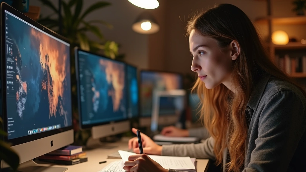 Professional woman studying at home computer with textbooks and notes, warm office lighting, focused expression, modern desk setup with multiple monitors