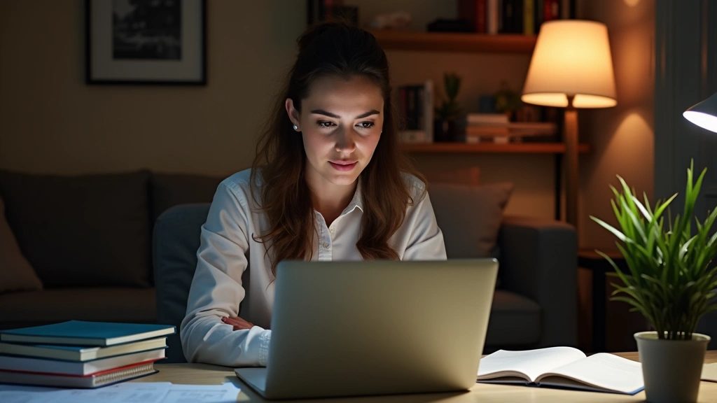 Professional woman in home office studying on laptop during evening, surrounded by research papers and textbooks, warm lighting, focused expression