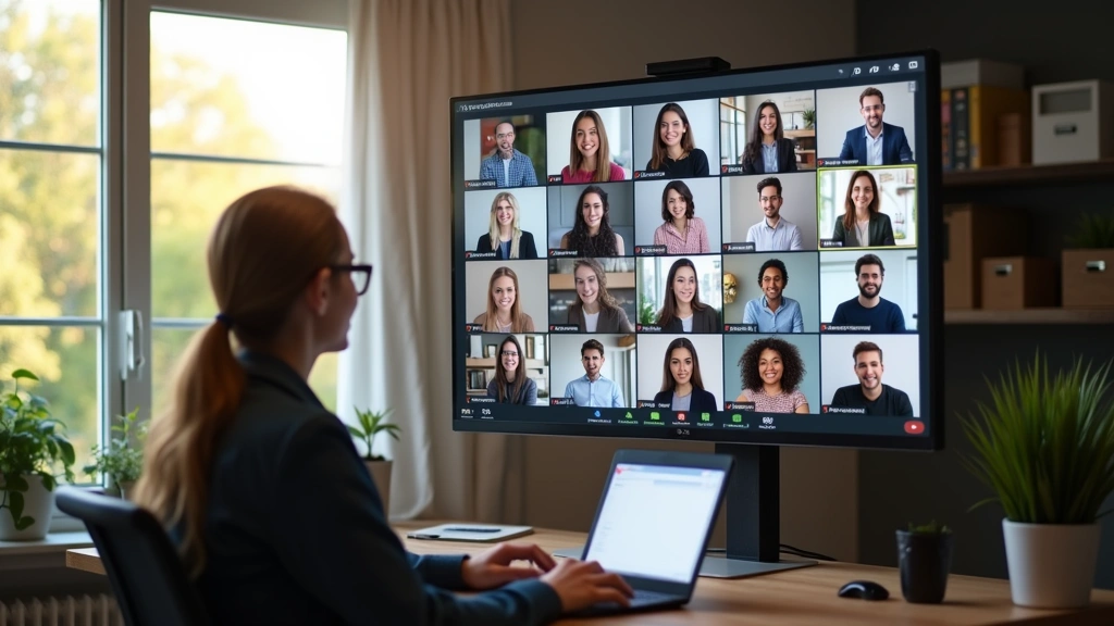Diverse group of online doctoral students in virtual meeting on large screen, professional home offices, collaborative discus