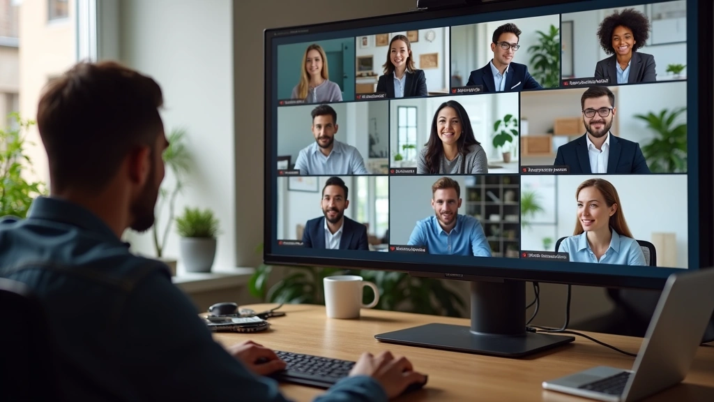 Diverse group of online students on video conference call with professor, multiple screens showing virtual classroom, modern 