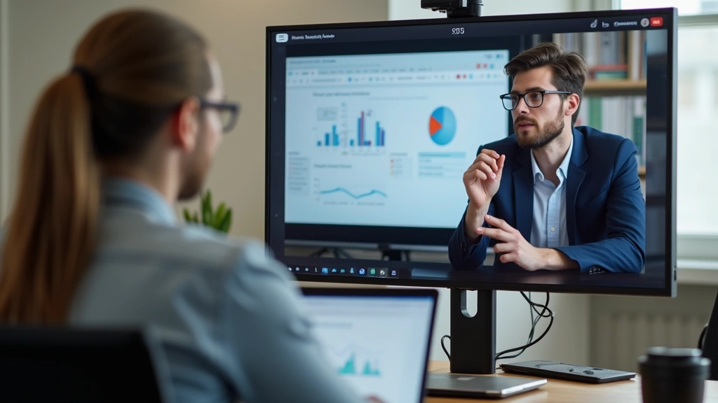 Male student presenting research dissertation on video conference call with faculty advisor, academic setting, professional p