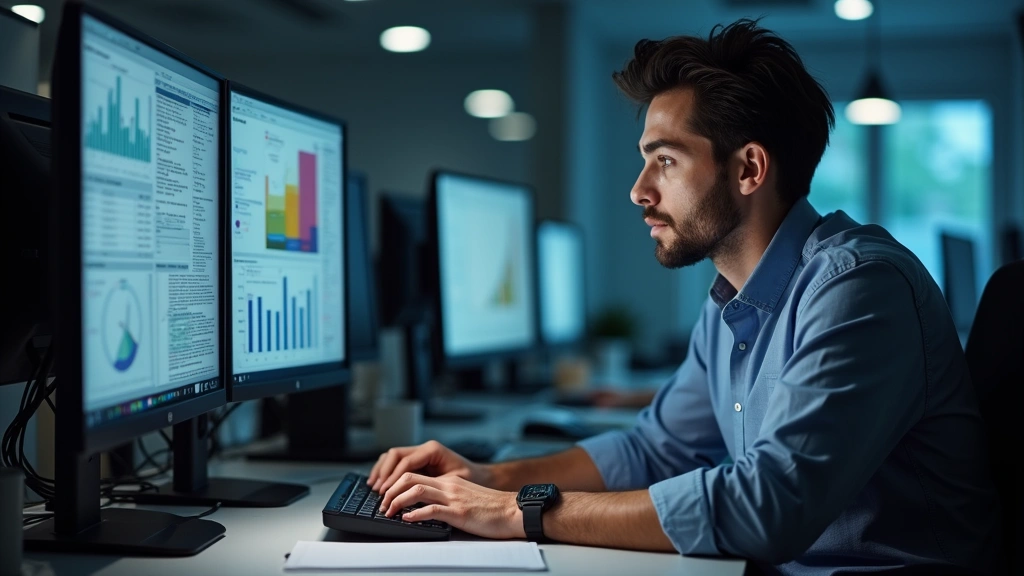 Male doctoral student working at desk with multiple monitors, conducting research analysis, academic environment, concentrate