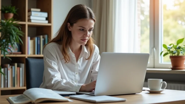 Professional woman studying on laptop at home desk with books and coffee, natural window lighting, focused expression, modern home office environment