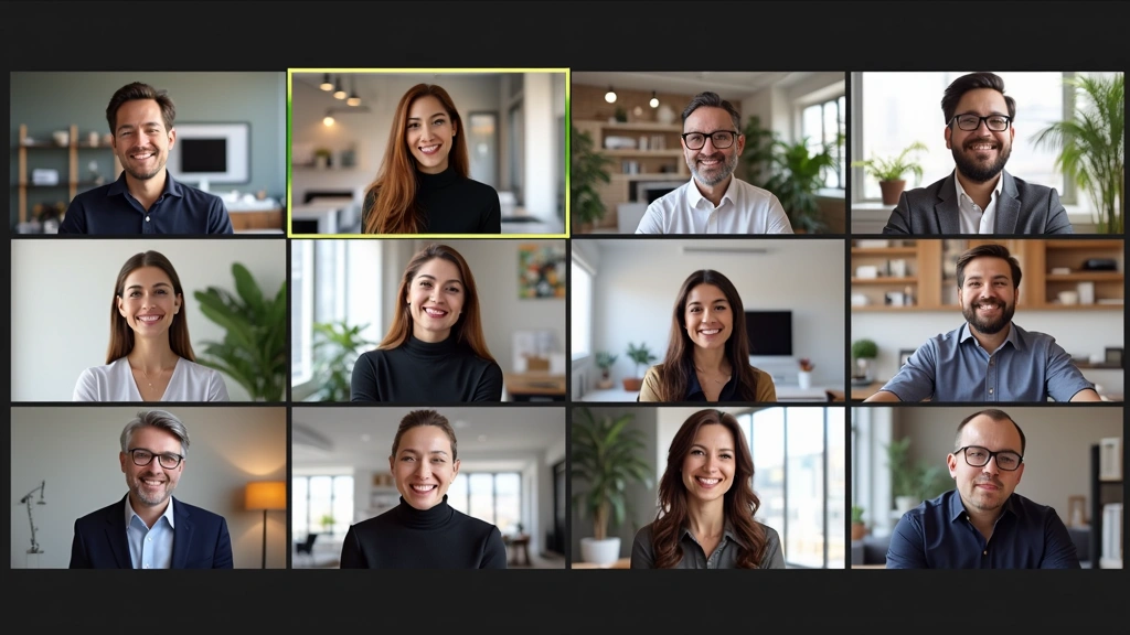 Diverse group of adult professionals in virtual meeting on computer screen, video conference grid layout, professional attire